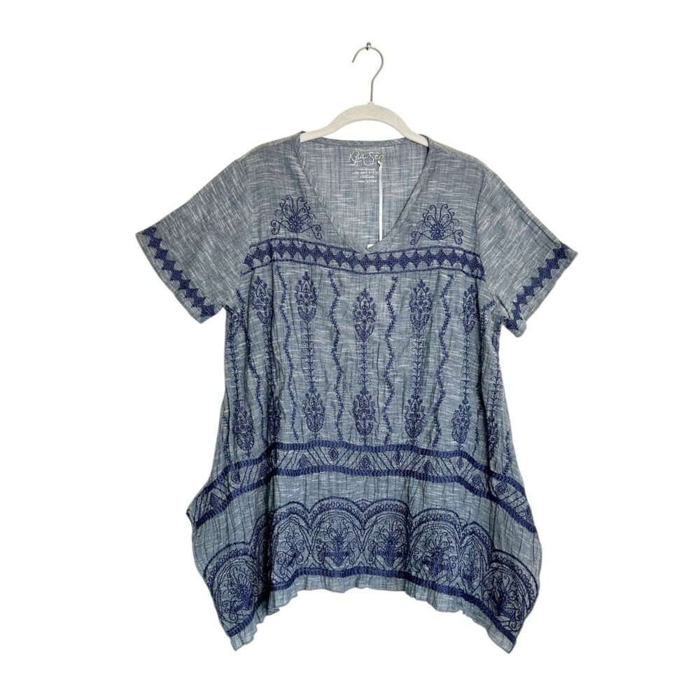 Kyla Seo Short Sleeve Embroidered Blouse in Dark Indigo - Sz S - NWT